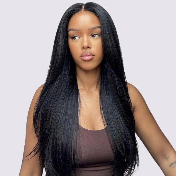 Straight V Part Wig No Leave Out Thin Part Seamless Blend Human Hair Protective Style