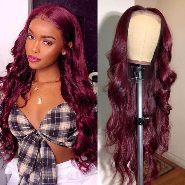 Burgundy 99J Color All Textures 13x4 Lace Frontal Wig Pre Plucked Human Hair Wig On Sale