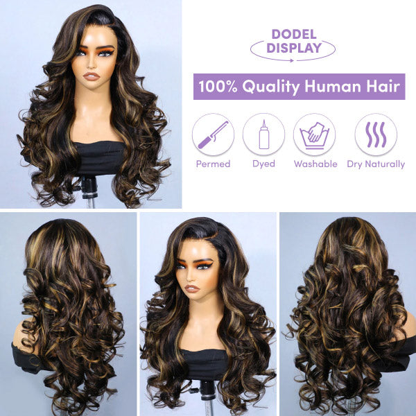 24h Ship Out | OQ HAIR Butterfly Pre-Styled Balayage Brown Color Layered Body Wave Adjustable Drawstring Wear Go Glueless Wig With Bleached Knots