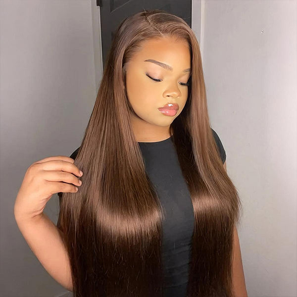 OQ Hair Straight Hair Glueless Wig #4 Chocolate Brown Color 7x5 Deep Parting Wear Go Wig Bleached Knots