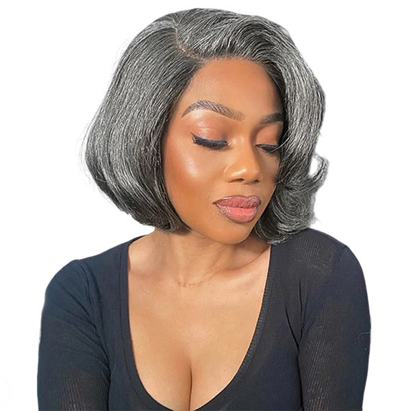 OQ HAIR Salt And Pepper Layered Bob Wear Go Glueless Wig Pre-Cut C-Shaped 7x5 Lace Flexible Fit Drawstring