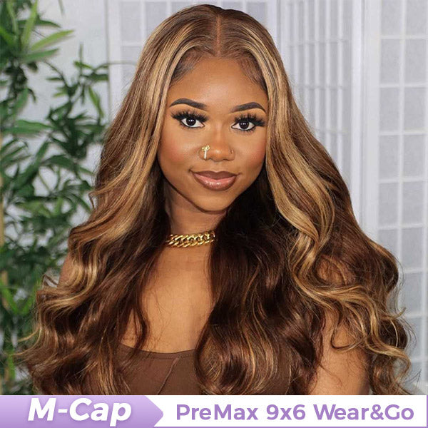 OQ HAIR M-cap Body Wave 4/27 Highlight Color Pre Cut 9x6 Lace Wear Go Glueless Wigs Invisible Knots With Pre-Plucked Hairline