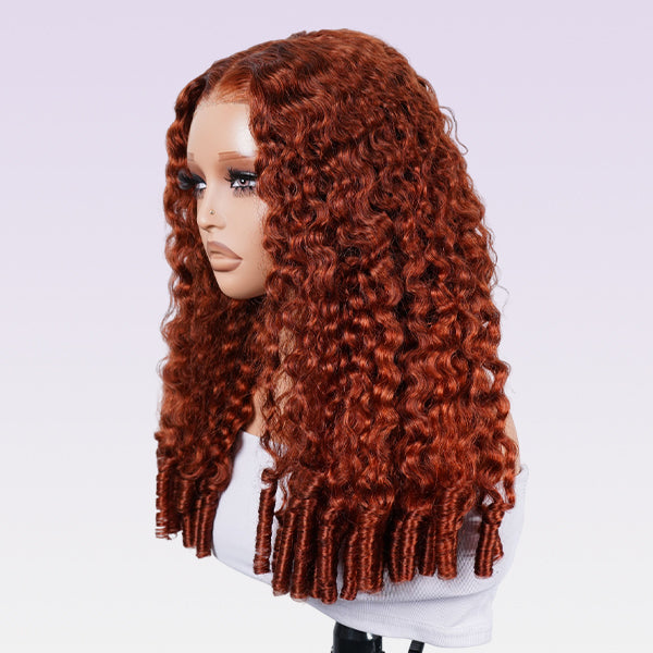 Burmese Curly Burnt Orange Color Wear Go Wig Pre Cut Lace Drawstring Wig Snug Fit Glueless Wig