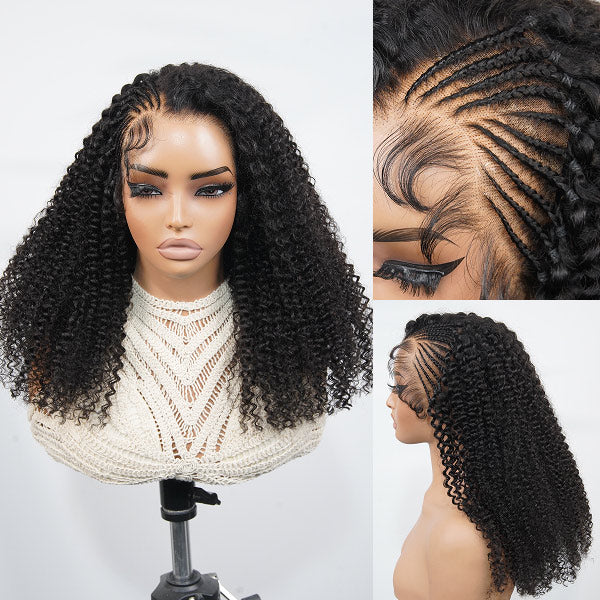 OQ HIAR Side Braided Kinky Curly Glueless Natural Melt Pre-Cut 13x4 HD Lace Frontal Wig Snug Fit Drawstring Cap Bleached Knots Wear Go Wig With Baby Hair