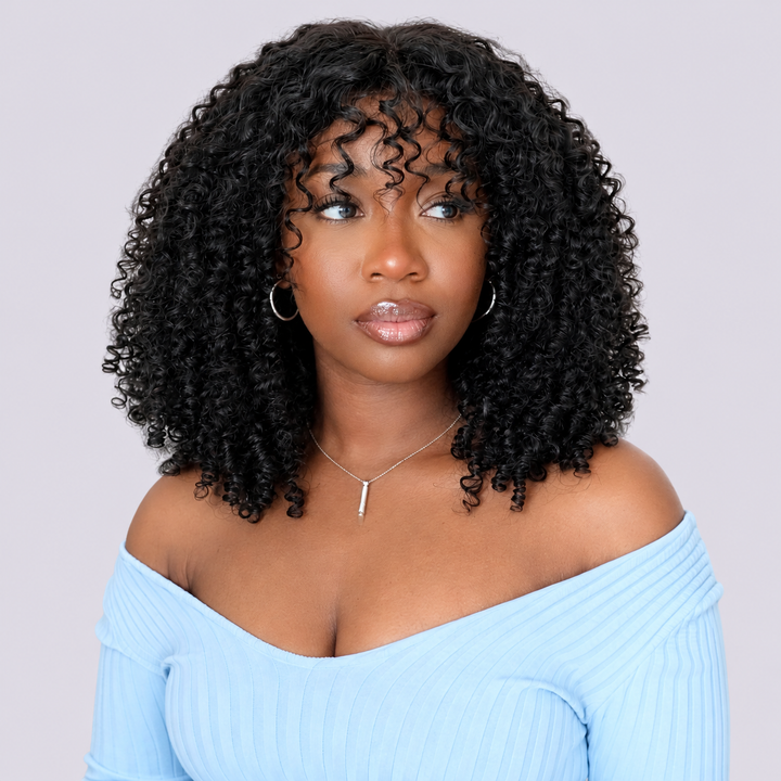 OQ HAIR Afro Kinky Curly Glueless Wig With Bangs Wear Go Protective Style Quality Human Hair Wig
