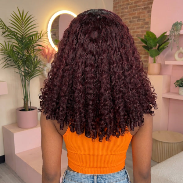 Burmese Curly Dark Plum Color Wear Go Wig Human Hair Pre Plucked Adjustable Drawstring Glueless Wigs