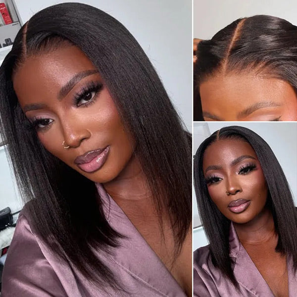 OQ HAIR Yaki Straight Layered Cut Wear Go Glueless Wig Pre-Cut 9x6 T Part Lace Bob Wig