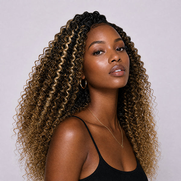 OQ HAIR 1B/3/27 Highlight Kinky Curly Crochet Human Hair Shed-Free Easy Install