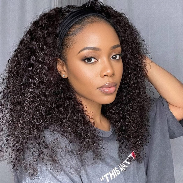 24h Shipping | OQ HAIR Afro Curly Headband Wig Human Hair Glueless Wig With Scarf For Beginners