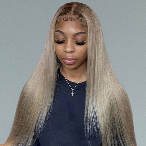 OQ Hair Straight Glueless Ombre Ash Blonde With Brown Roots 7x5 Lace Closure Wig Colored Lace Front Wigs 220% Denisty