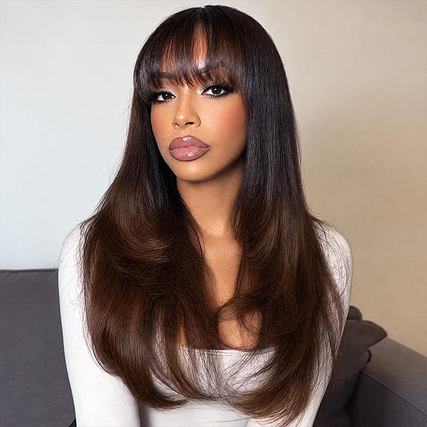 OQ HAIR 1B Brown Ombre Straight Glueless Wear Go Layered Wig With Bangs Secure Cap Beginner Friendly