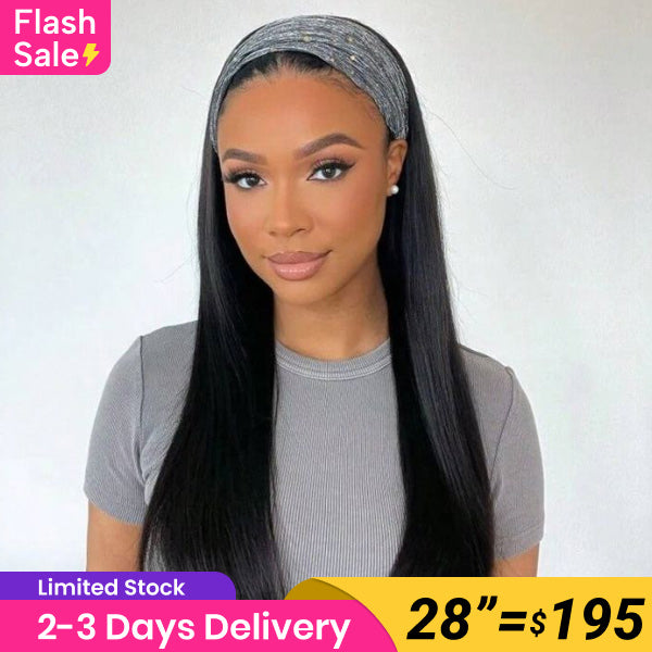 Flash Sale | Straight Hair Headband Wig Human Hair Glueless Wigs With Headband Scarf