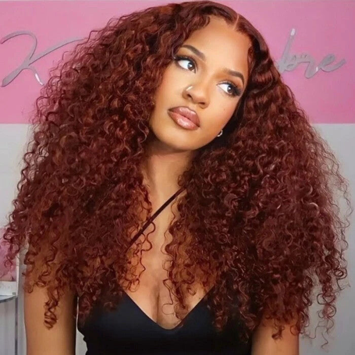 OQ Hair Wear And Go Wig Water Wave Reddish Brown Glueless Wig 7X5 Lace Front Wigs With Drawstring