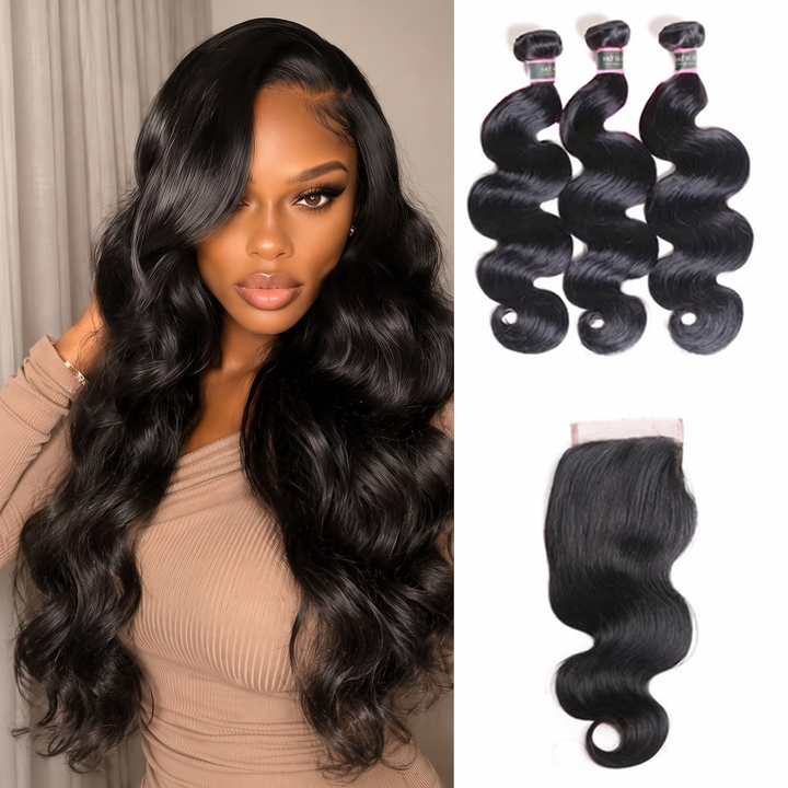 Body Wave Virgin Human Hair 3 Bundles With 4x4 Lace Closure