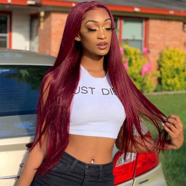 Burgundy 99J Color All Textures 13x4 Lace Frontal Wig Pre Plucked Human Hair Wig On Sale