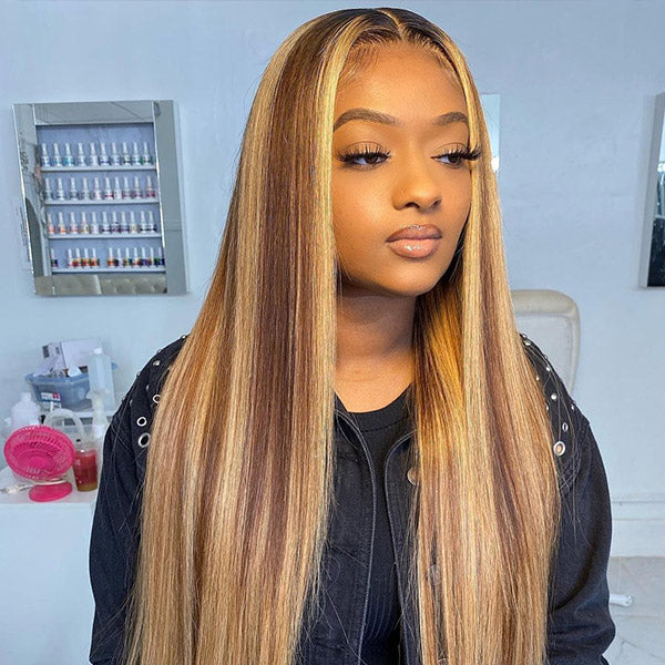 OQ HAIR Straight Highlight Ombre 4/27 Wear Go Glueless Wig 7x5 Pre-cut Lace Wig