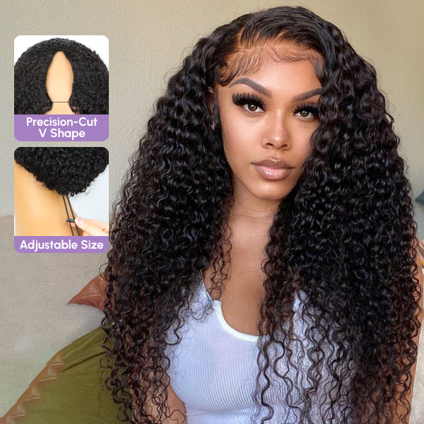 Kinky Curly No Leave Out V Part Wig Human Hair Glueless Wig With Elastic Drawstring