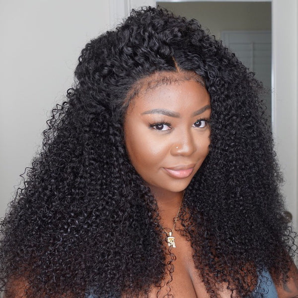 Kinky Curly No Leave Out V Part Wig Human Hair Glueless Wig With Elastic Drawstring