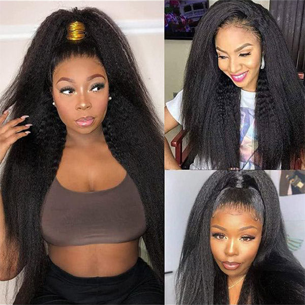 OQ Hair Kinky Straight Invisi-Drawstring Flexible Fit 360 Lace Front Glueless Wig With Bleached Knots