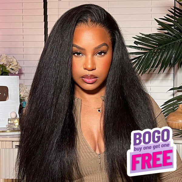 BOGO Kinky Straight Glueless Wear Go Wig Pre-cut 6x4 HD Lace Closure Wig