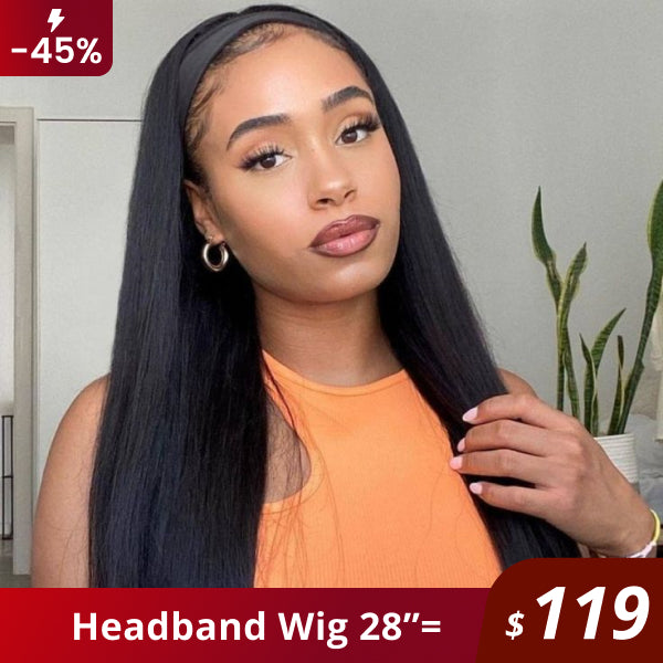 Flash Sale | Straight Hair Headband Wig Human Hair Glueless Wigs With Headband Scarf 180% Density