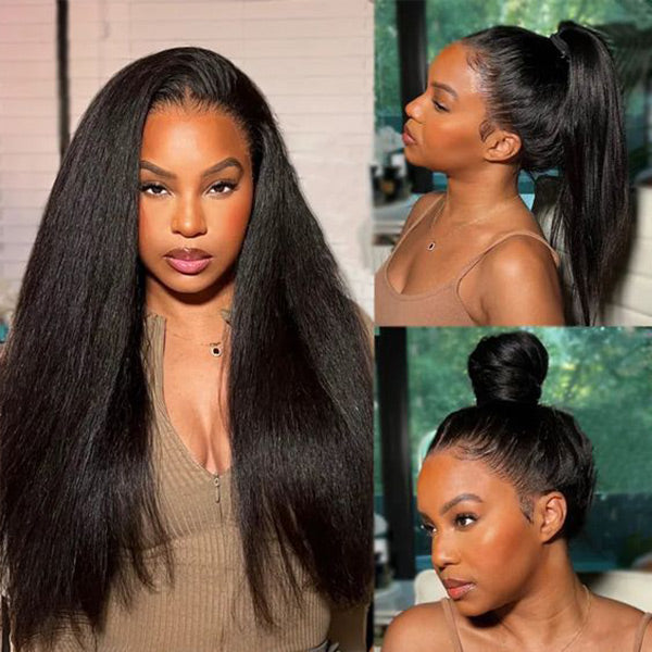 OQ Hair Yaki Straight Invisi-Drawstring Flexible Fit 360 Glueless Wig Pre-Cut Lace Pre Bleached Knots