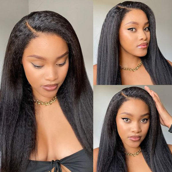 OQ Hair Yaki Straight Invisi-Drawstring Flexible Fit 360 Glueless Wig Pre-Cut Lace Pre Bleached Knots