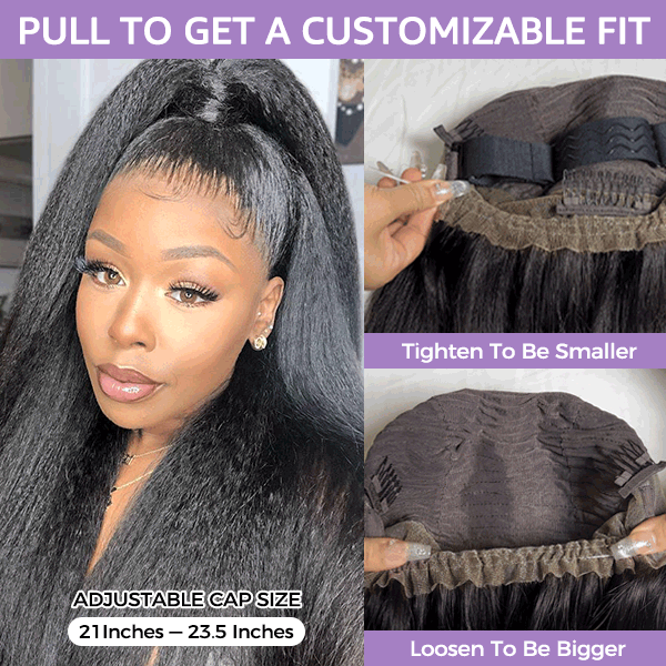 OQ HAIR Yaki Straight Invisi-Drawstring Flexible Fit 360 Glueless Wig Pre-Cut Lace Pre Bleached Knots