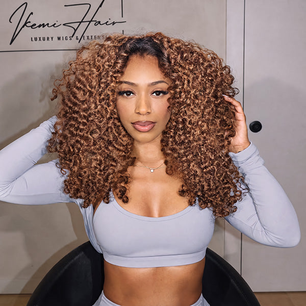 OQ HAIR Ombre Brown Color Burmese Curly Half Wig Human Hair 280 Density Glueless Wear and Go Wigs 3 In 1 Half Wigs for Women Drawstring Seamless Flip Over Beginner Friendly