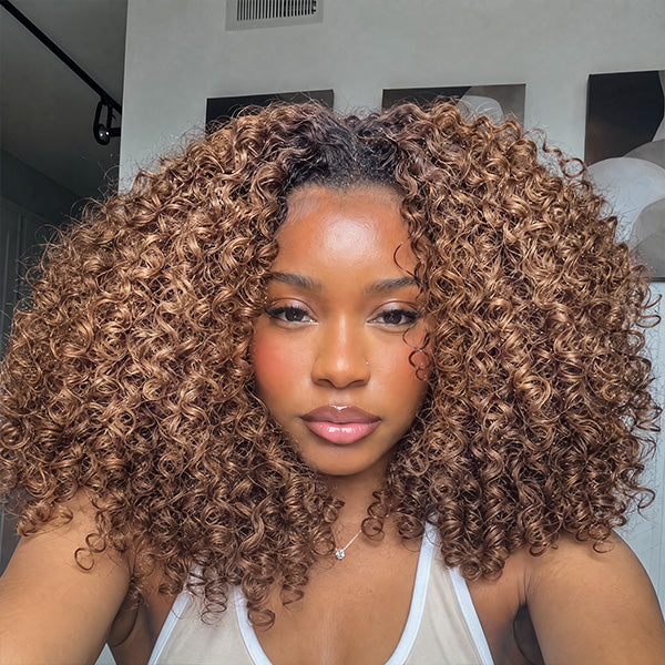 OQ HAIR Ombre Brown Color Burmese Curly Half Wig Human Hair 280 Density Glueless Wear and Go Wigs 3 In 1 Half Wigs for Women Drawstring Seamless Flip Over Beginner Friendly