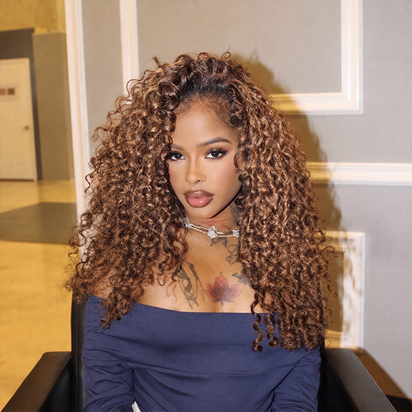 OQ HAIR Ombre Brown Color Burmese Curly Half Wig Human Hair 280 Density Glueless Wear and Go Wigs 3 In 1 Half Wigs for Women Drawstring Seamless Flip Over Beginner Friendly