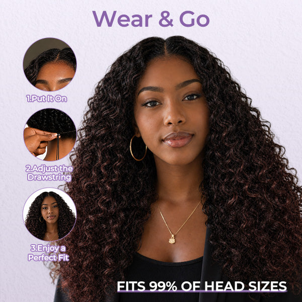 OQ HAIR Pixie Curly 1B/Reddish Brown Ombre Color Drawstring Wig Perfect Melted 9x6 Skin HD Lace Glueless Wear Go Wig Bleached Knots