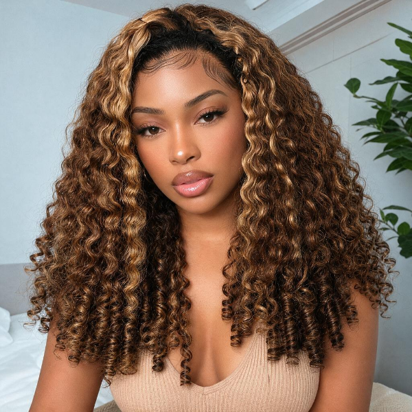 24H Shipping | Burmese Curly Highlight 4/27 Color Wear Go Half Wig With Drawstring Easy Install