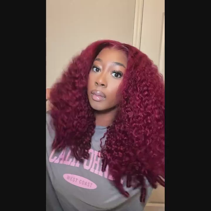 OQ HAIR Burgundy 99J Color Burmese Curly Glueless Wig Pre Cut 9x6 Lace Snug Fit Drawstring Wear Go Wig