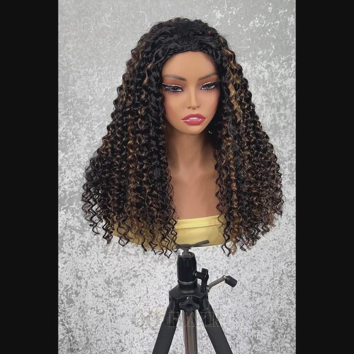 3 In 1 Half Wig | Water Wave Glueless Black Wig With Golden Brown Highlight Wear Go Half Wig