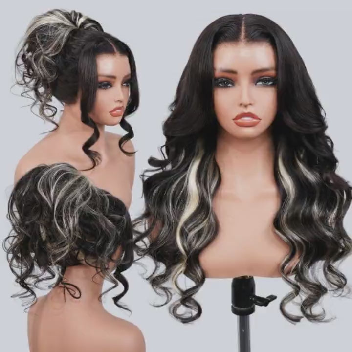 OQ HAIR Black Blonde Skunk Stripe Layered Body Wave Glueless Wig With Face-Framing Curtain Bangs Pre-Cut 13x6 Lace Adjustable Drawstring Wear Go Wig