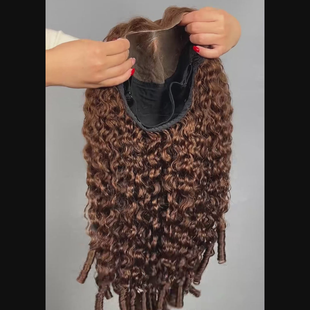 OQ HAIR Burmese Curly Glueless Wig Chocolate Brown Color Pre Cut 9x6 Lace Wear Go Wig With Elastic Drawstring