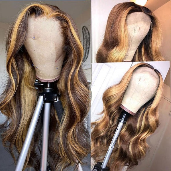 Balayage Highlights 13x4 Lace Front Wigs Ombre Highlight Curly Honey Blonde Colored Human Hair Wigs