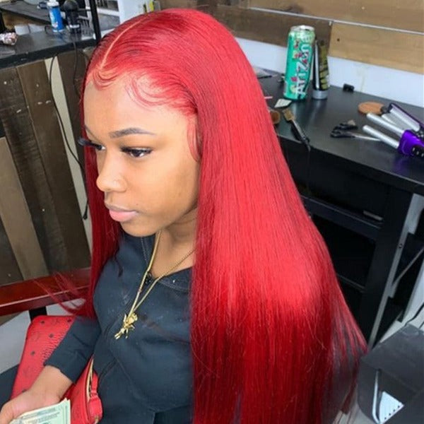 Cherry Red Color Lace Front & Closure Wig Pre-Colored Human Hair Wigs ...