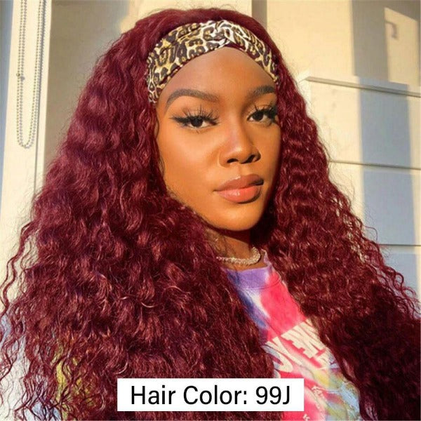 100% Human Hair Grip Headband Scarf Wig Water Wave Human Hair Wig 180% Density Curly No plucking wigs for Women No Glue No Sew In - ORIGINAL QUEEN HAIR