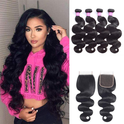 Gorgeous Body Wave Human Hair 4 Bundles with 4*4 Lace Clsoure Natural Black -OQHAIR - ORIGINAL QUEEN HAIR