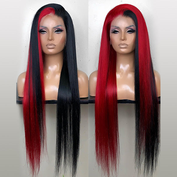 Straight Half Red and Half Black Color Wigs Preplucked Human Hair Lace Front Wigs Natural Hairline 【Customized Color】