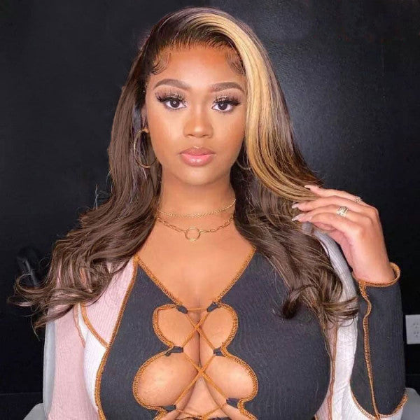Honey Blonde and Brown Streaks Highlight Wigs Straight
