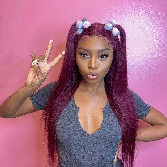 99J Burgundy Color Straight Pre Plucked Human Hair Wigs for Women