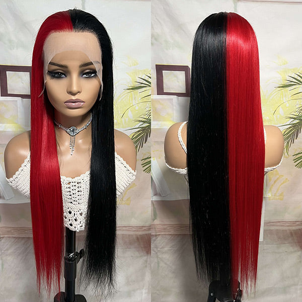 Straight Half Red and Half Black Color Wigs Preplucked Human Hair