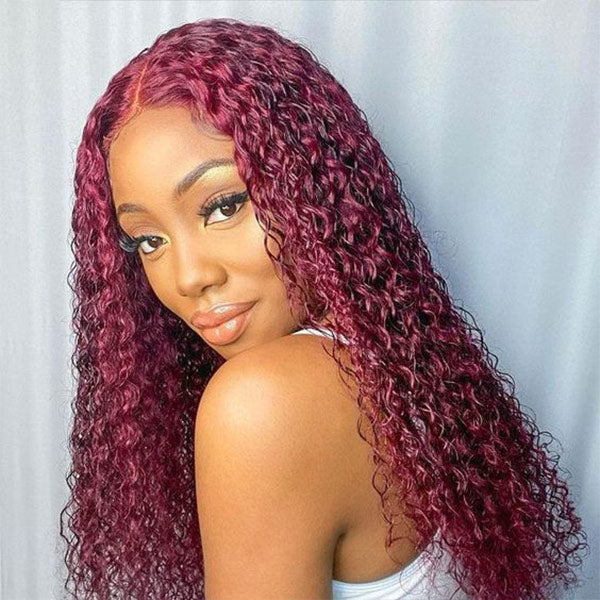 Glueless Color Wigs Water Wave 99J Burgundy Lace Front Wig