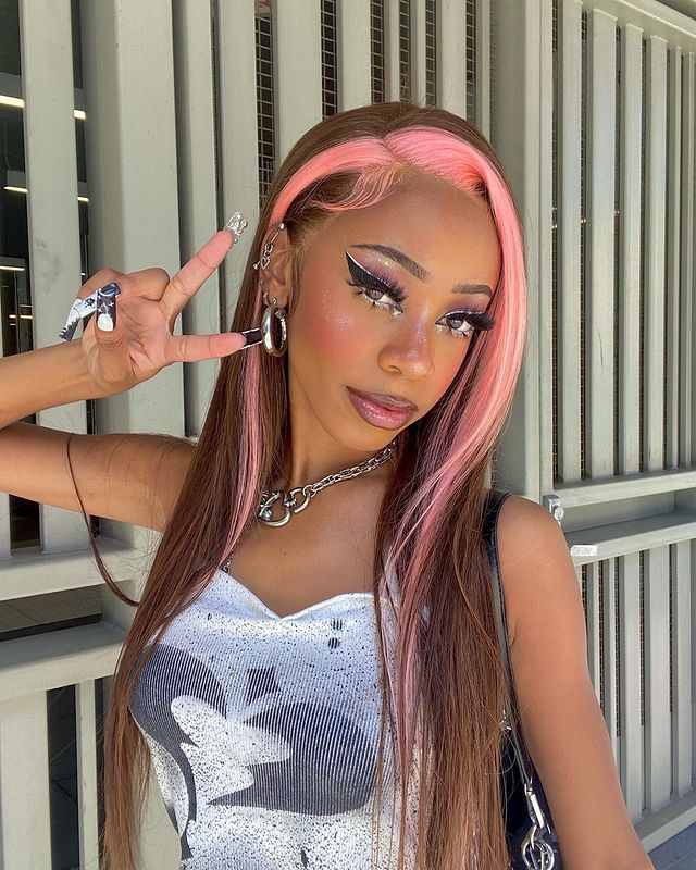 Straight Brown Hair With Light Pink Skunk Stripe Color Pre-plucked Natural Hairline 13x4 Lace Front Wig