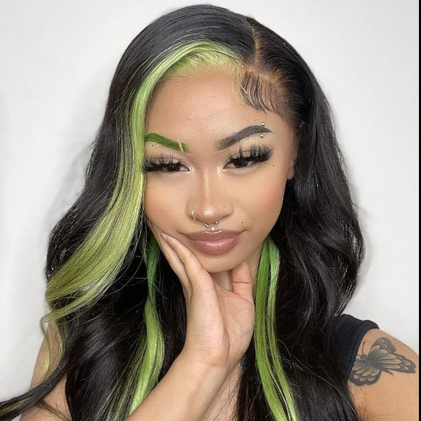 Skunk Stripe Green/ Red & Black Color Body Wave 13x4 Lace Frontal Wigs For Women