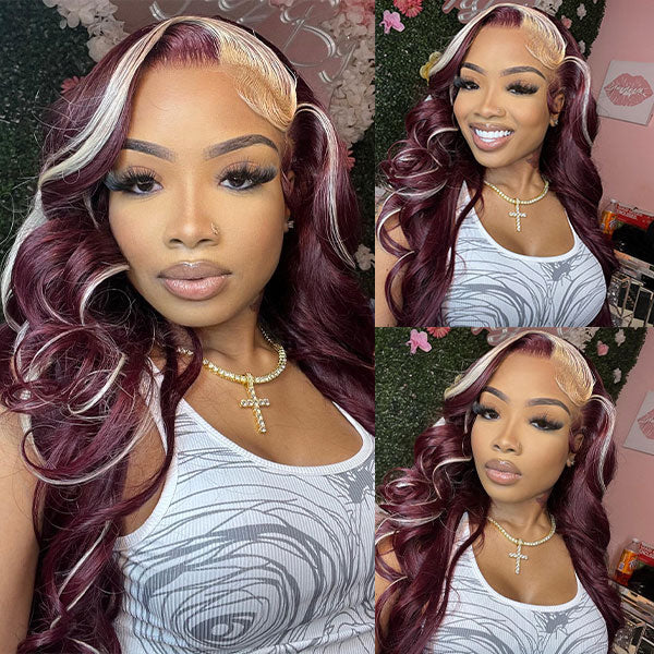 Red Wine and Blonde Skunk Stripe Color Wig Straight Lace Front Pre Plucked Wig