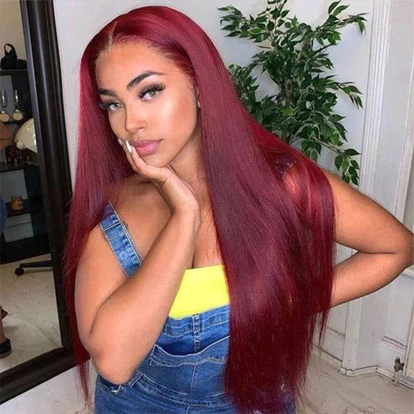 Straight Hair 99J Burgundy Color Glueless Wig HD Lace Wig
